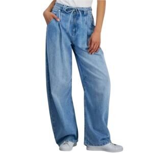 HUGO BOSS Women's Pleated Barrel-Leg Belted Jeans in Medium Navy Wash